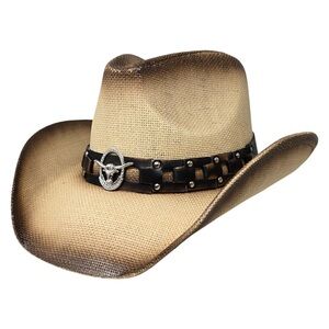Metal Steer Head Emblem Studded Leather Band Western Straw Cowboy Fedora Hat